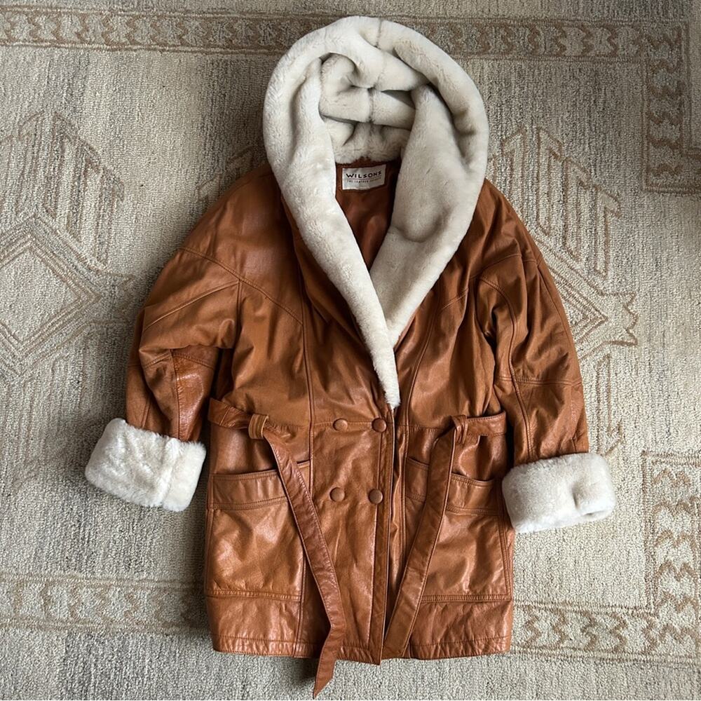 Penny Lane Shearling Trim Leather Coat Boho 70s Revival Oversized L Wilsons - Picture 8 of 16